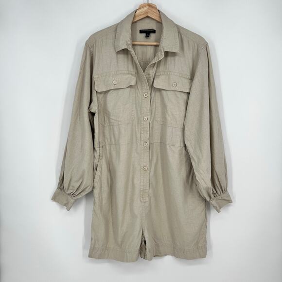 Banana Republic Long Sleeve Linen Romper Shorts Medium Natural Sand Tan Pockets - Picture 1 of 12